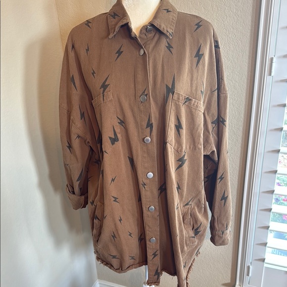 Fantastic Fawn Tops - Fantastic Fawn Lighting Bolt Brown Jacket Black Oversized Shacket Sz Medium